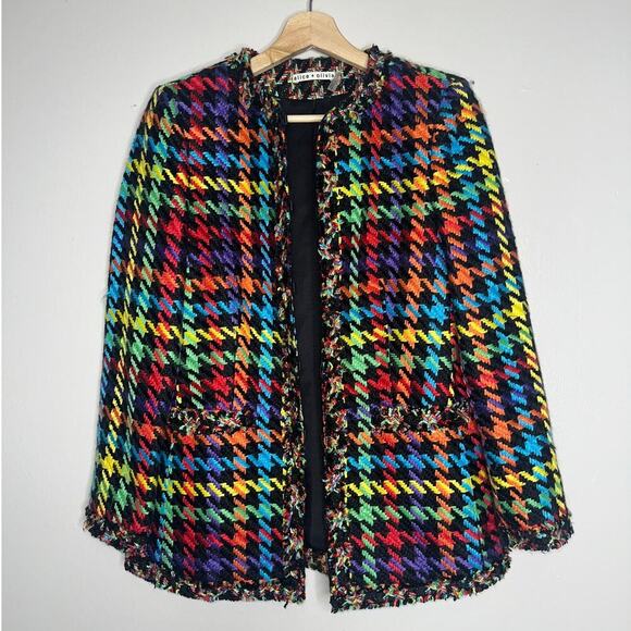 Alice + Olivia Andreas Frayed-Edge Houndstooth Tweed Jacket Size XS Rainbow - Picture 3 of 10